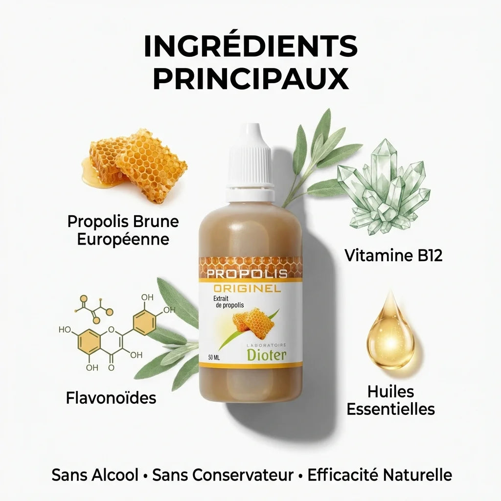 Propolis Originel 50ml Dioter avec ingrédients naturels : propolis brune, vitamine B12, flavonoïdes et huiles essentielles