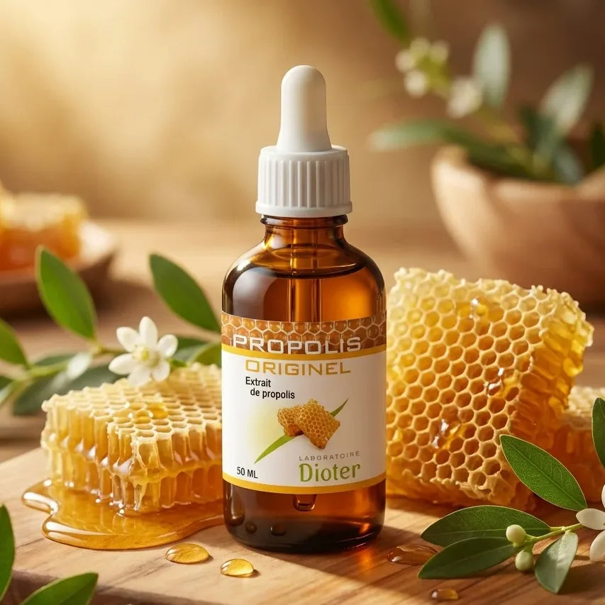 Propolis Originel 50ml Dioter flacon en verre ambré avec compte-gouttes sur surface bois