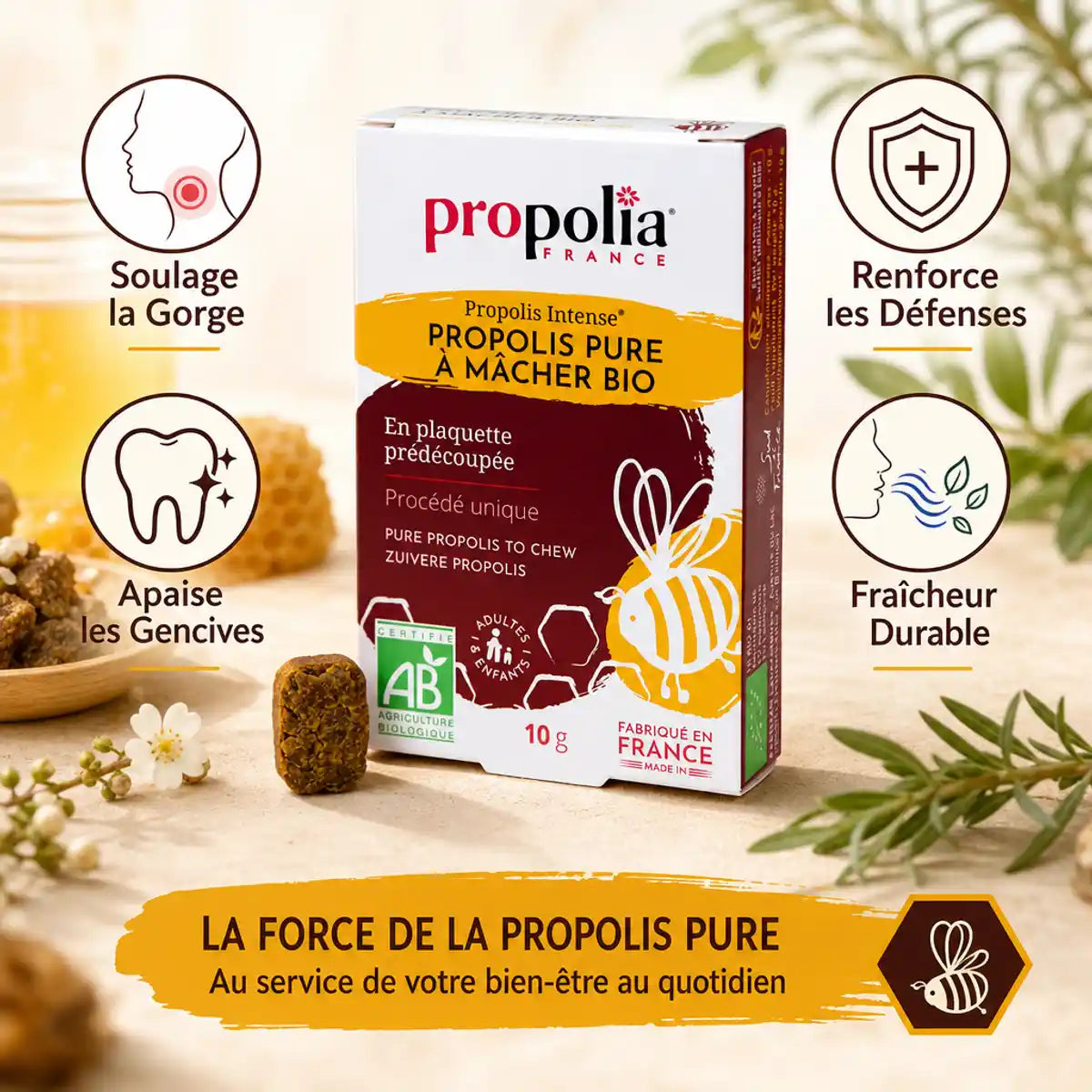Propolis Pure Bio 10g Propolia - soulage gorge, renforce défenses, apaise gencives