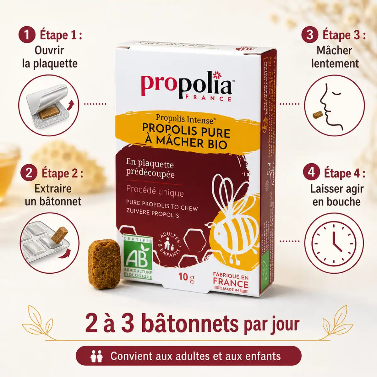 Propolis Pure Bio à Mâcher Propolia 10g avec étapes d'utilisation et certification AB pour soulager la gorge