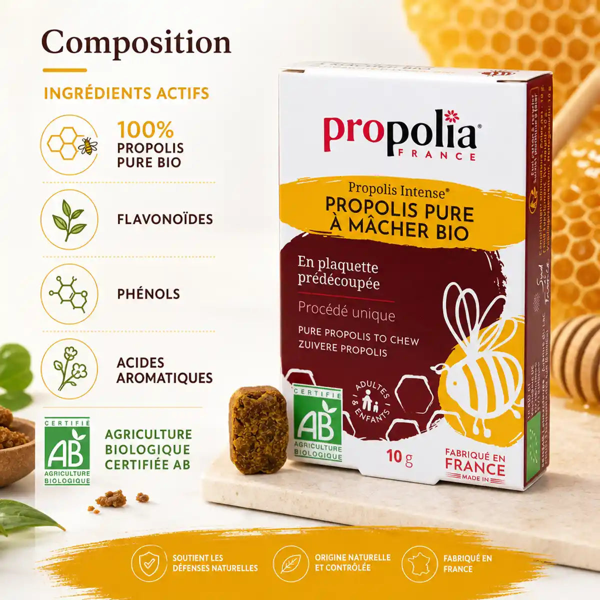Propolis Pure Bio à Mâcher 10g avec infographie composition, ingrédients actifs et certification AB