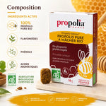 Propolis Pure Bio à Mâcher 10g avec infographie composition, ingrédients actifs et certification AB