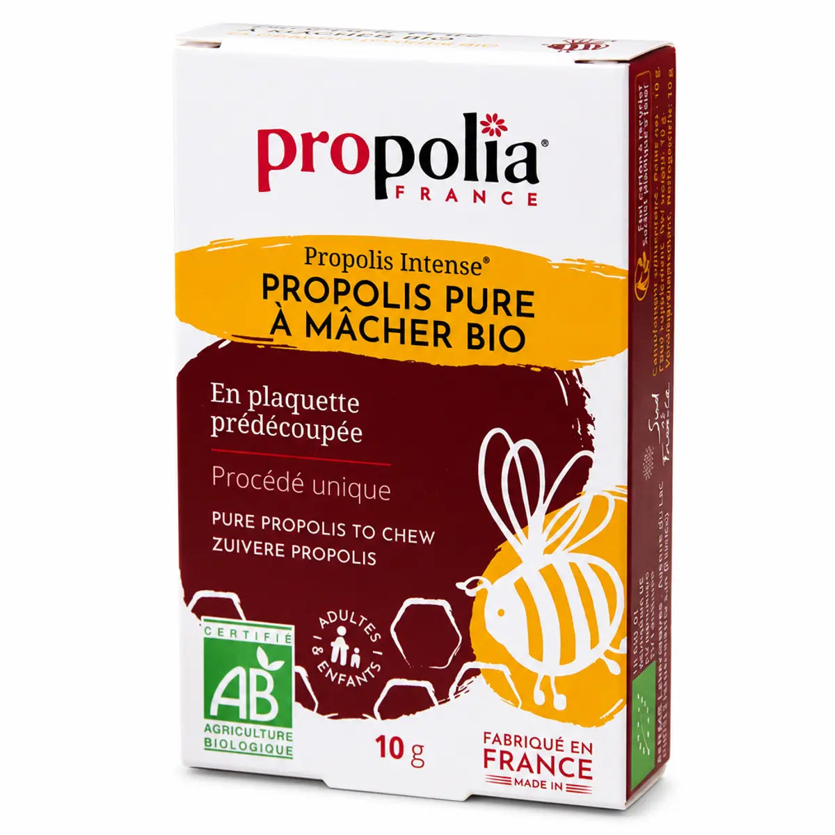 Propolis Pure Bio à Mâcher 10g Propolia - Boîte packaging bordeaux or certification AB
