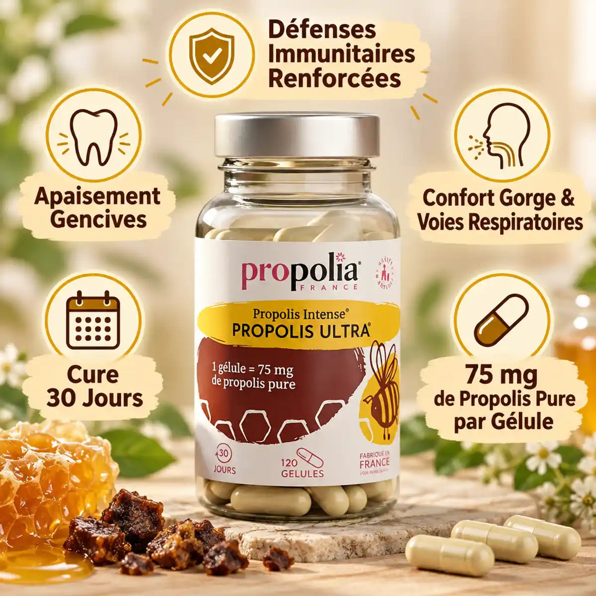 Propolis Ultra 120 gélules Propolia avec infographie défenses immunitaires et bénéfices santé
