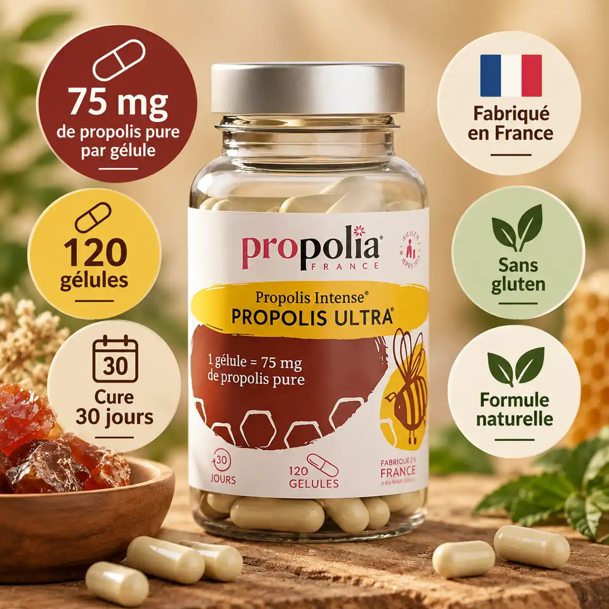 Propolis ULTRA 120 gélules Propolia - Complément immunitaire naturel sans gluten fabriqué en France