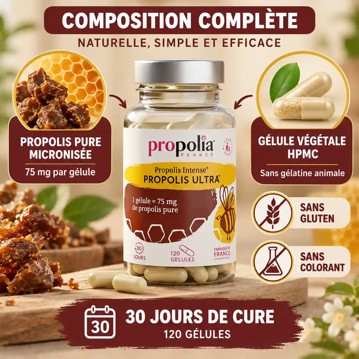 Propolis ULTRA 120 gélules Propolia avec composition complète et ingrédients pour défenses immunitaires