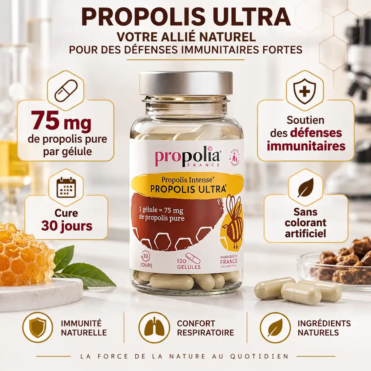 Propolis ULTRA 120 gélules Propolia - Défenses immunitaires naturelles, 75 mg par gélule