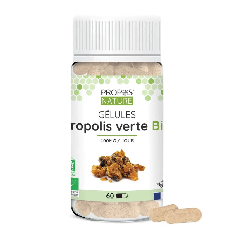 Une boite de Propolis verte Bio de 60 gélules de la marque Propos'Nature