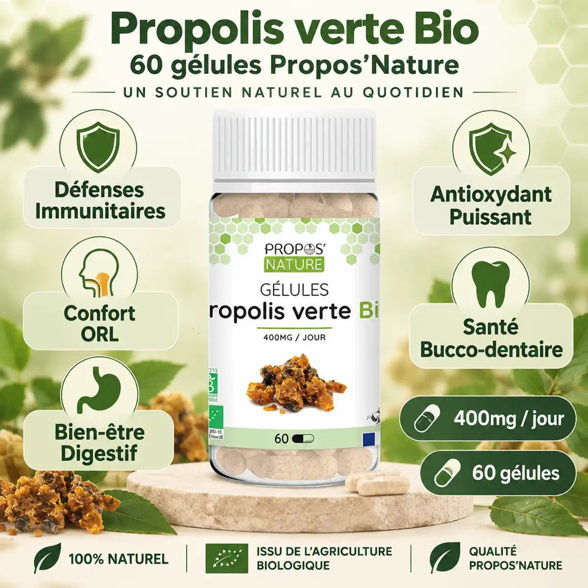 Propolis verte Bio 60 gélules Propos'Nature avec bénéfices immunitaires et antioxydants