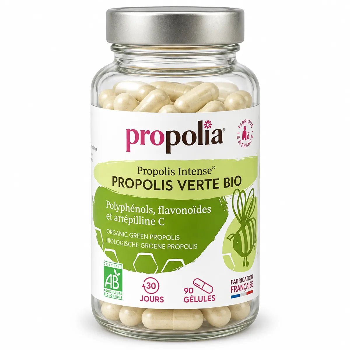 Propolis verte bio 90 gélules Propolia en flacon verre avec bouchon argent