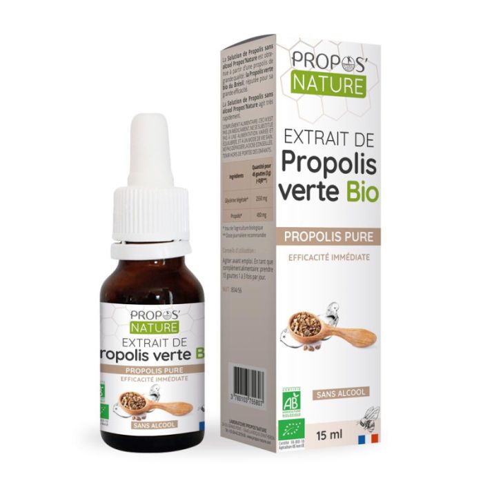 Flacon pulverisateur de Extrait de Propolis Verte Bio sans alcool de 15 ml de la marque Propos'Nature