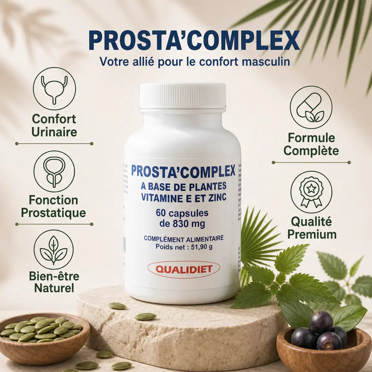 Prosta'Complex 60 capsules Qualidiet - Confort urinaire et fonction prostatique naturelle