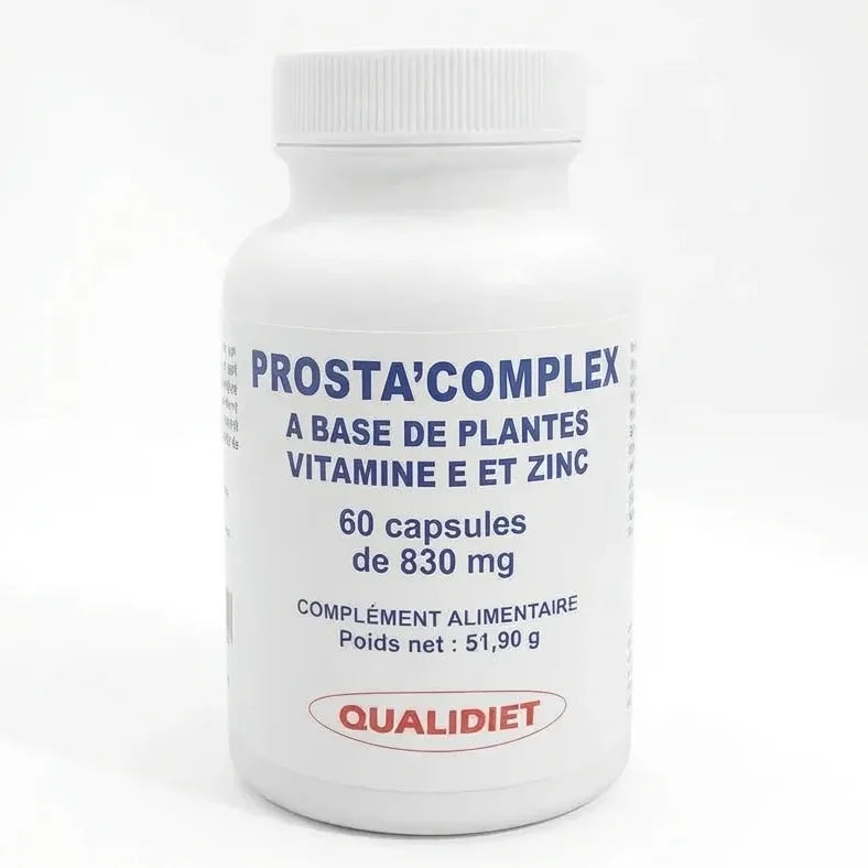 Prosta'Complex 60 capsules Qualidiet - flacon supplément prostate blanc avec étiquette bleue rouge