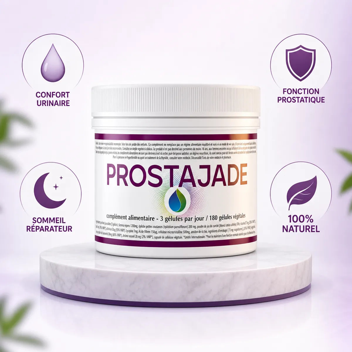Prostajade complément naturel prostate avec icônes confort urinaire fonction prostatique sommeil naturel