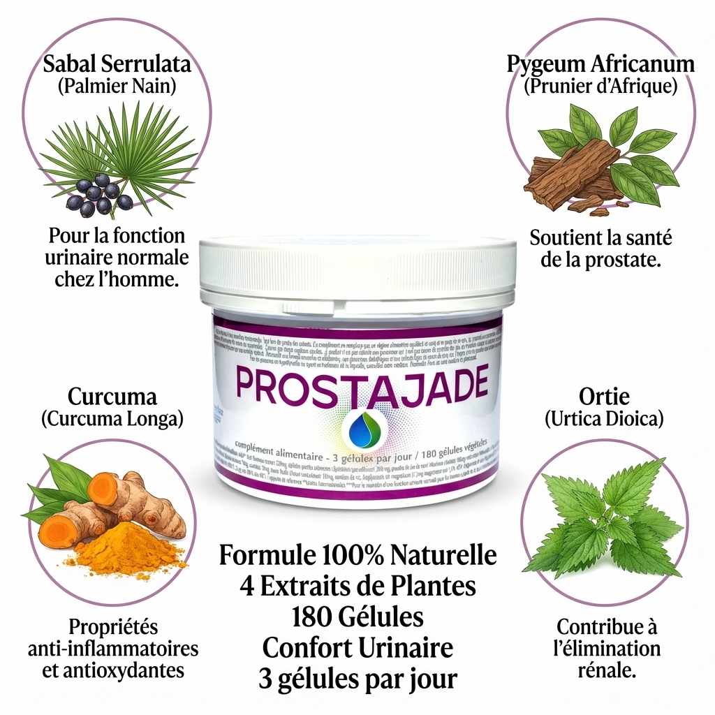 Prostajade complément alimentaire naturel pour prostate avec ingrédients botaniques Sabal Serrulata Pygeum Africanum Curcuma Ortie