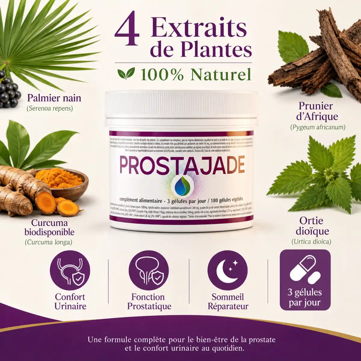 ProstaJade complément alimentaire naturel pour prostate avec ingrédients botaniques palmier nain curcuma ortie