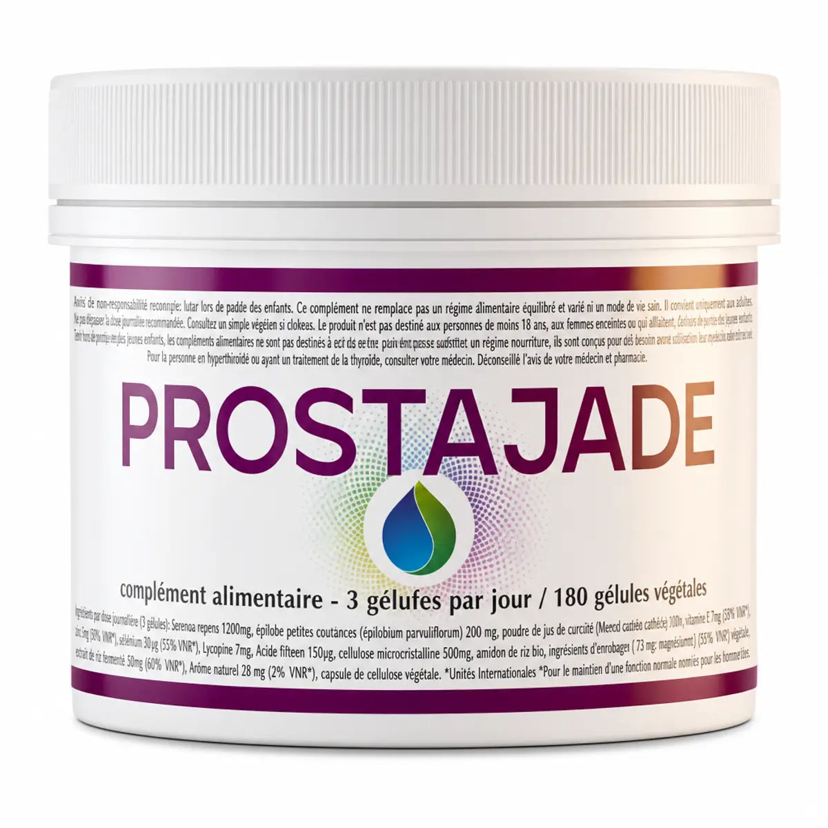 Complément Prostajade pour la prostate en flacon avec bandes violettes et dorées sur fond blanc