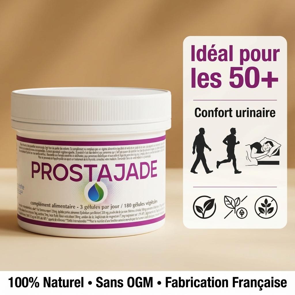 Prostajade complément naturel prostate, flacon avec packaging, bénéfices confort urinaire pour hommes 50+