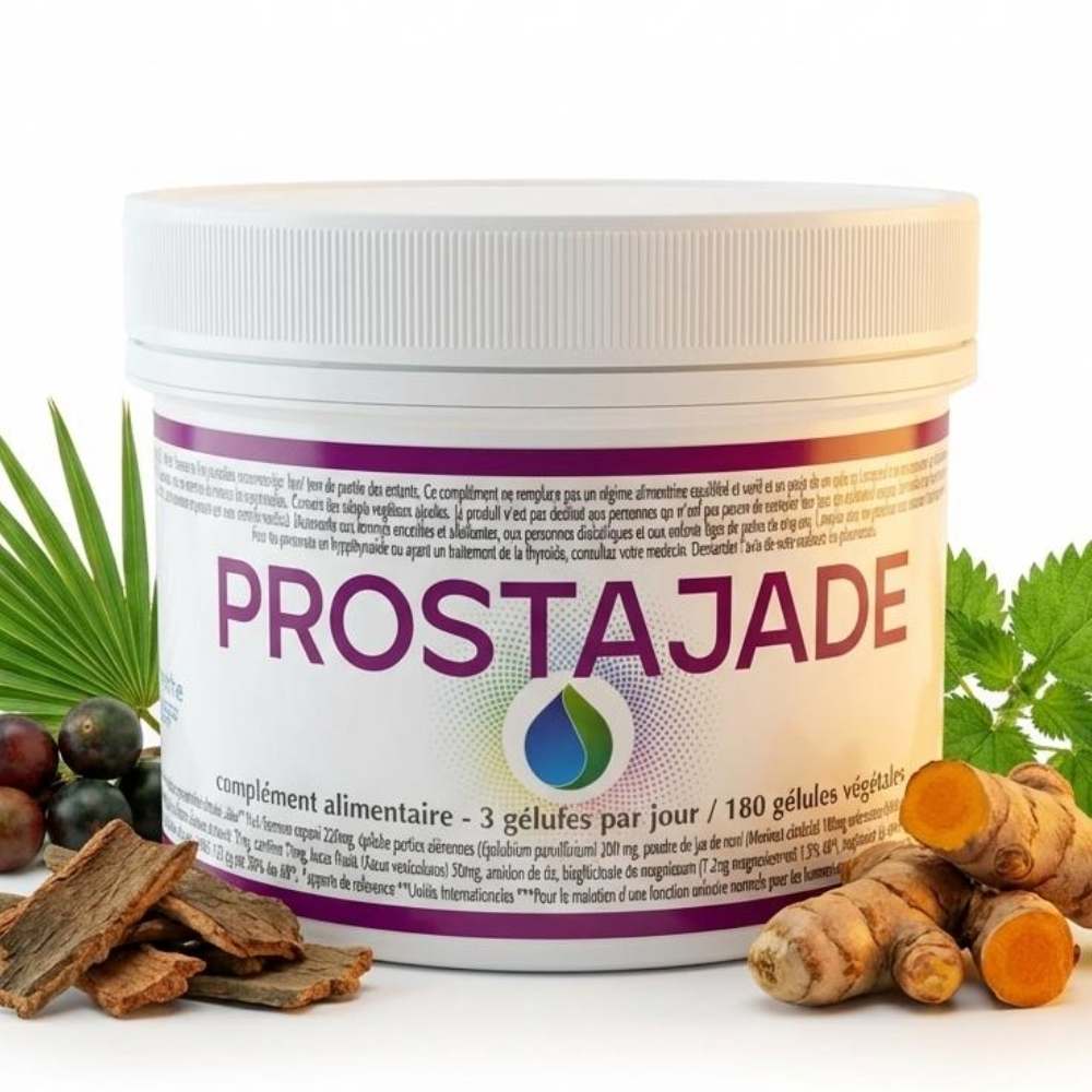 Un pot de 180 gélules de Prostajade de Jade Recherche avec tous ses ingrédients naturels disposés autour