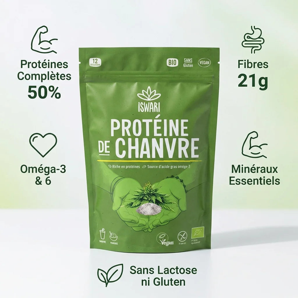 Protéine de chanvre bio Iswari 250g avec infographie des bénéfices nutritionnels et minéraux