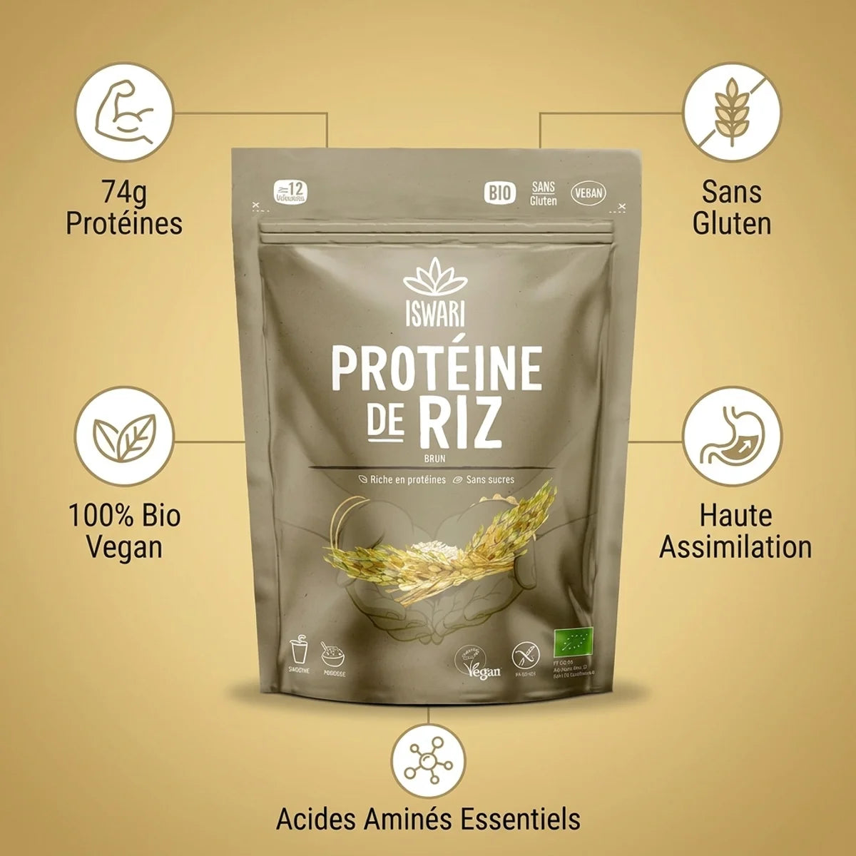 Protéine de riz Iswari 250g avec bénéfices : 74g protéines, sans gluten, bio vegan