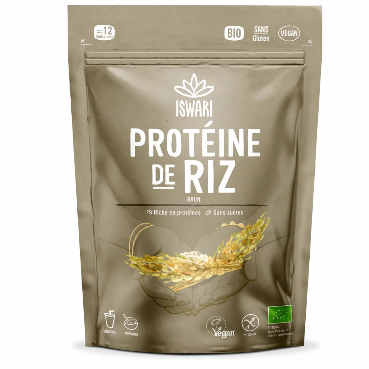 Protéine de riz brun Iswari 250g en sachet kraft bio vegan certifié