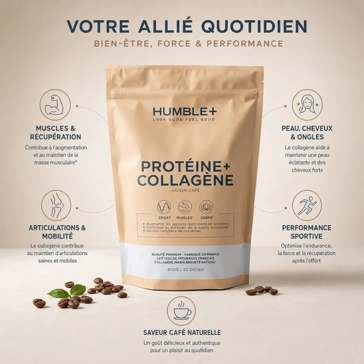 Humble+ Protéine Collagène marin café avec icônes bénéfices muscles articulations peau performance