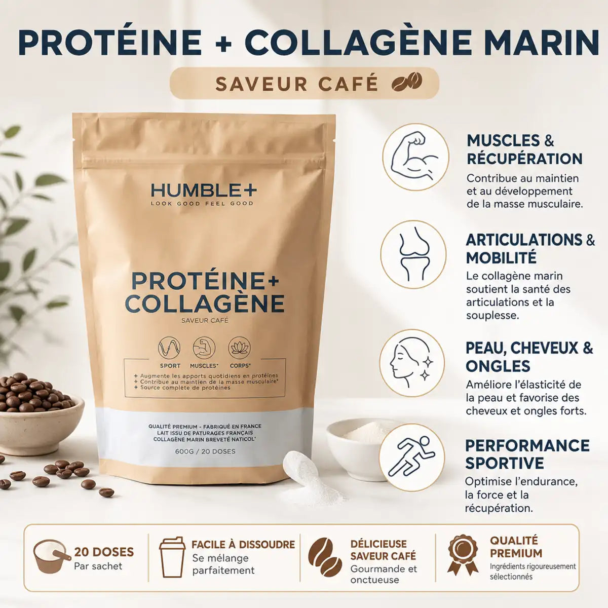 Humble+ Protéine Collagène Marin Café avec infographie des 4 bénéfits: muscles, articulations, peau et performance
