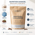 Humble+ Protéine Collagène Marin Type 1 saveur Café avec infographie bénéfices nutritionnels