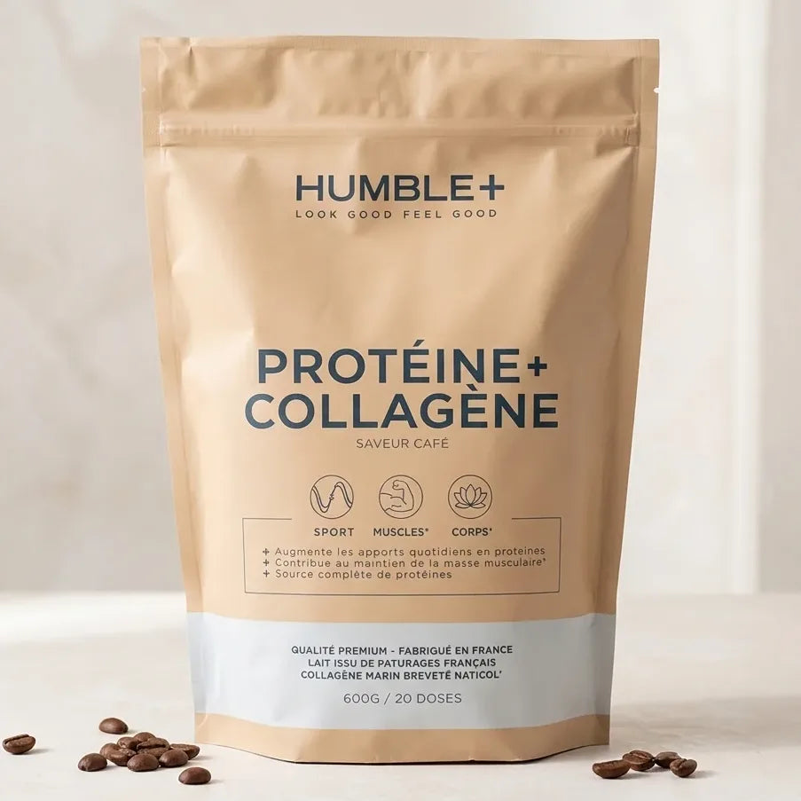 Humble+ Protéine Collagène Marin Type 1 saveur café en packaging premium sur fond neutre