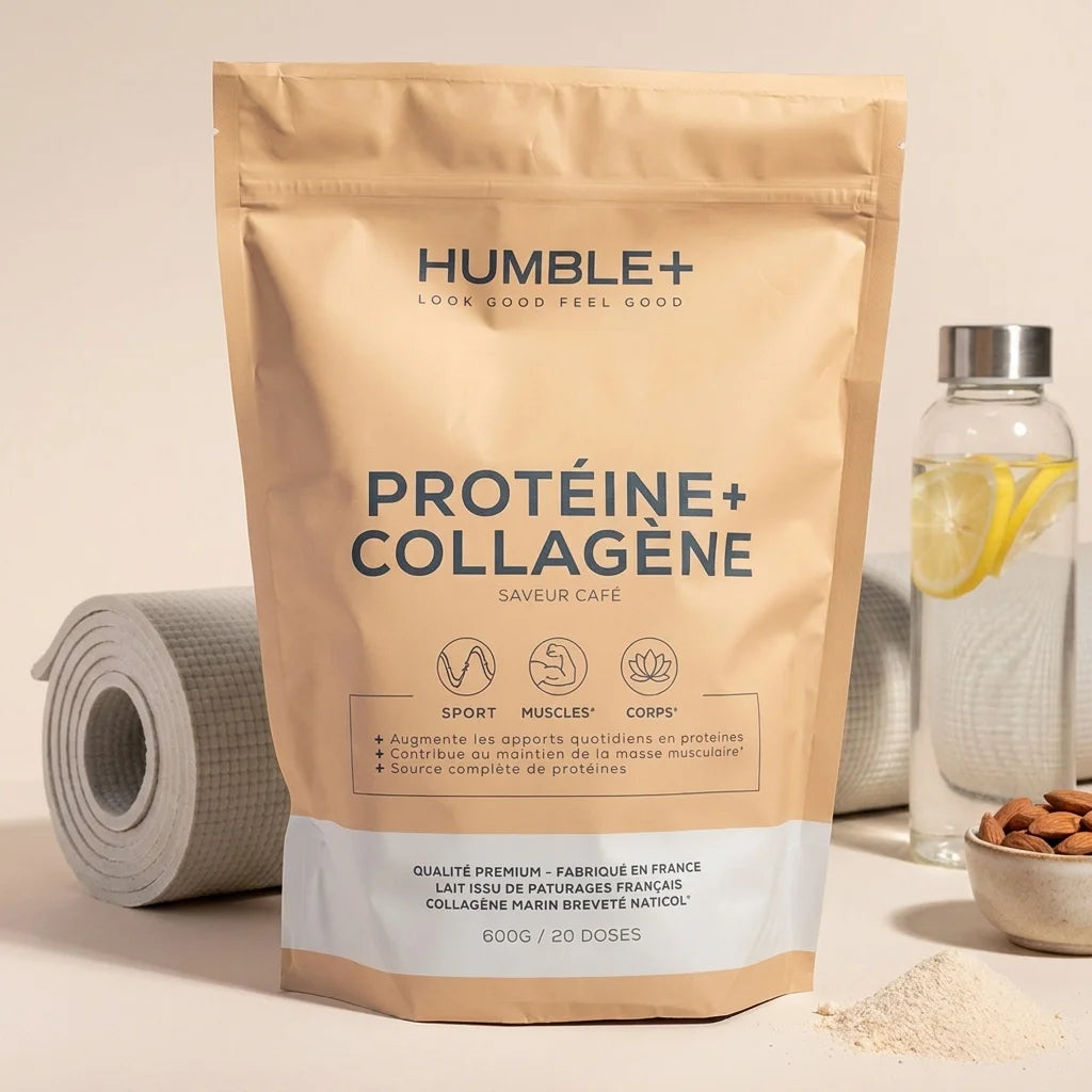 Humble+ Protéine Peptides Collagène Marin Type 1 saveur Café en packaging sur fond minimaliste wellness