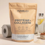 Humble+ Protéine Peptides Collagène Marin Type 1 saveur Café en packaging sur fond minimaliste wellness
