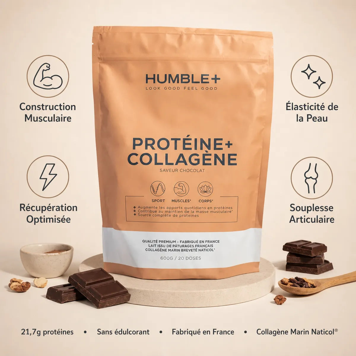 Protéine collagène marin Humble+ saveur chocolat avec infographies bénéfices musculaires et articulaires