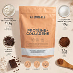 Humble+ Protéine Collagène marin chocolat avec infographie ingrédients nutritionnels