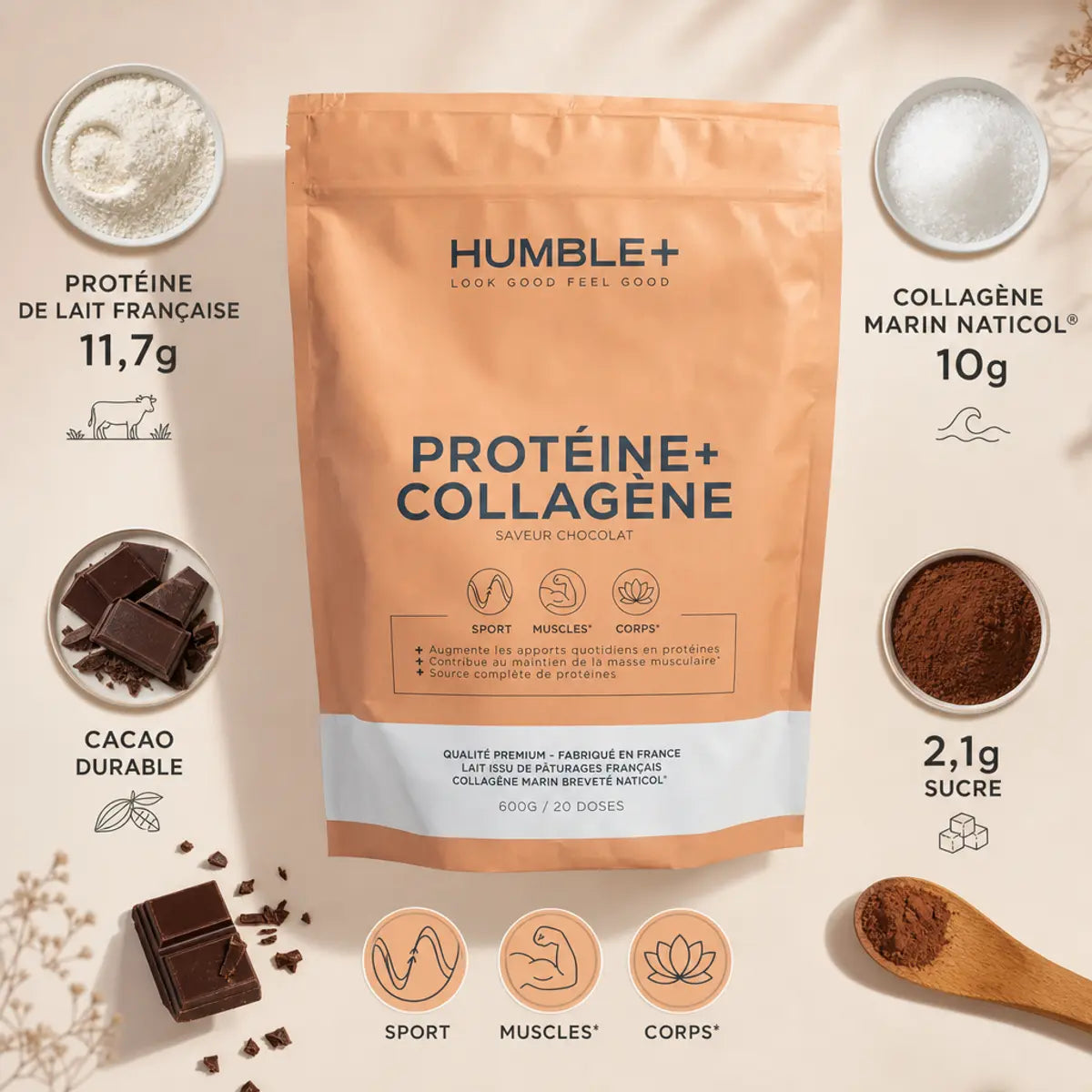 Humble+ Protéine Collagène marin chocolat avec infographie ingrédients nutritionnels