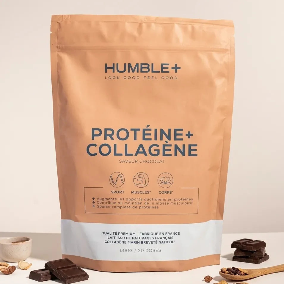 Sachet Humble+ Protéine Collagène marin Type 1 saveur chocolat sur fond blanc minimaliste