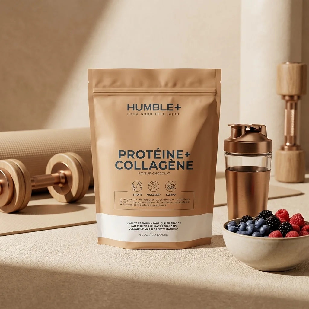 Protéine collagène marin Type 1 chocolat Humble+ avec shaker et équipement fitness