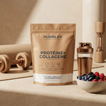 Protéine collagène marin Type 1 chocolat Humble+ avec shaker et équipement fitness