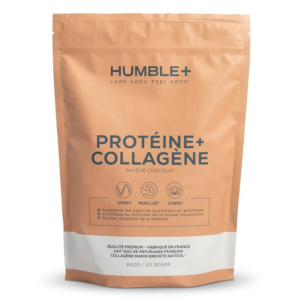 Humble+ Protéine Collagène marin Type 1 saveur chocolat, sachet 600g kraft beige fond blanc