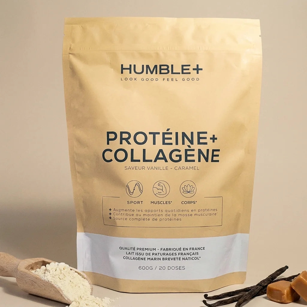 Humble+ Protéine Peptides Collagène Marin saveur Vanille Caramel sachet packaging