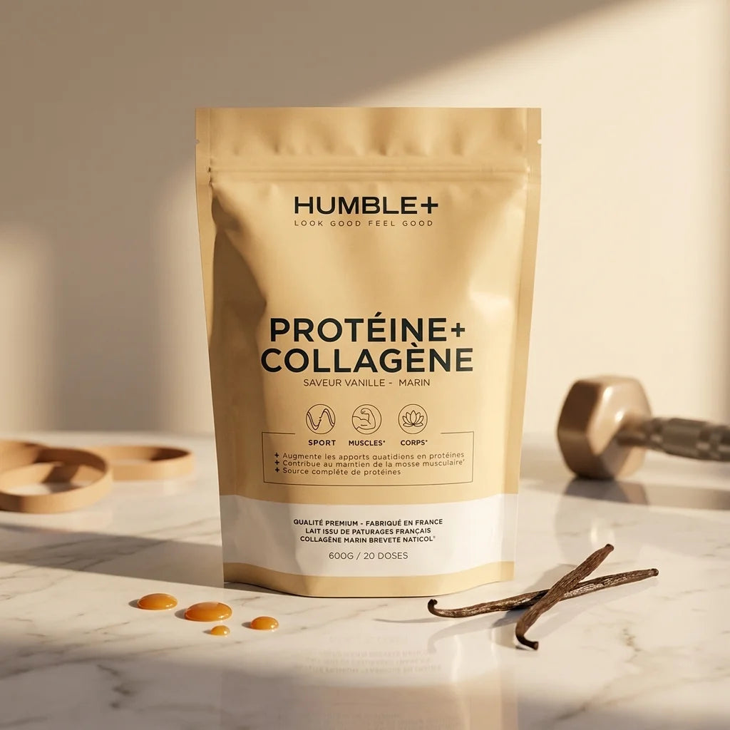 Humble+ Protéine Peptides Collagène Marin Vanille Caramel packaging produit wellness lifestyle