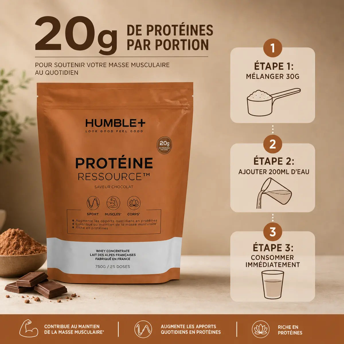 Humble+ Protéine Ressource Chocolat - 20g protéines par portion avec guide préparation