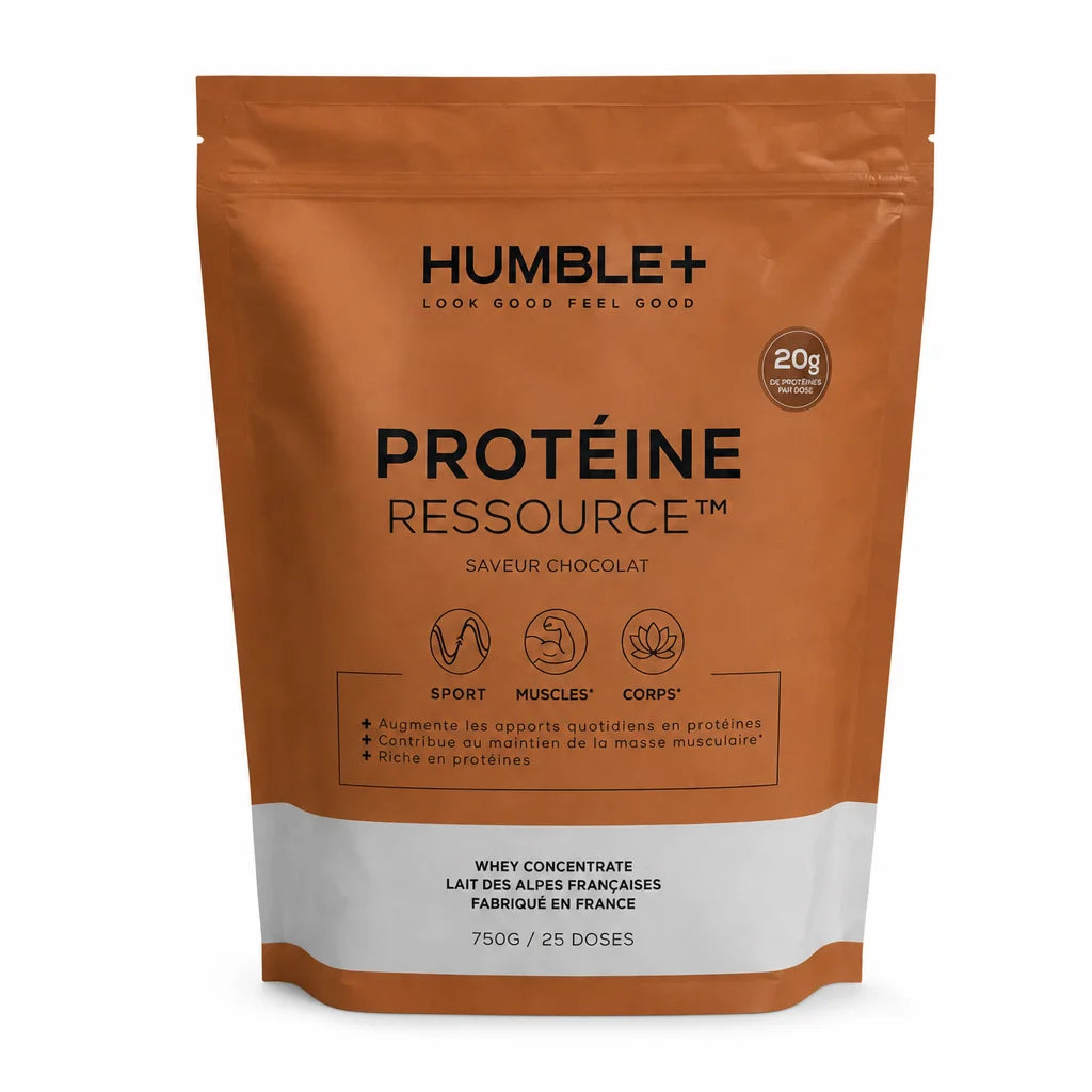 Protéine Ressource Humble+ saveur chocolat, poudre de protéines en sachet kraft
