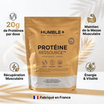 Protéine Ressource Vanilla Caramel Humble+ avec infographie des 5 bénéfices nutritionnels et fabriqué en France