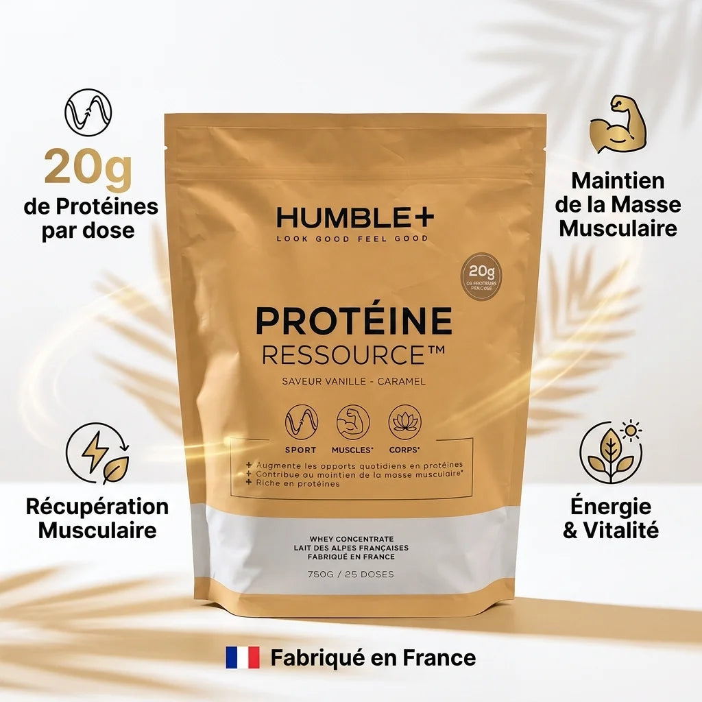 Protéine Ressource Vanilla Caramel Humble+ avec infographie des 5 bénéfices nutritionnels et fabriqué en France