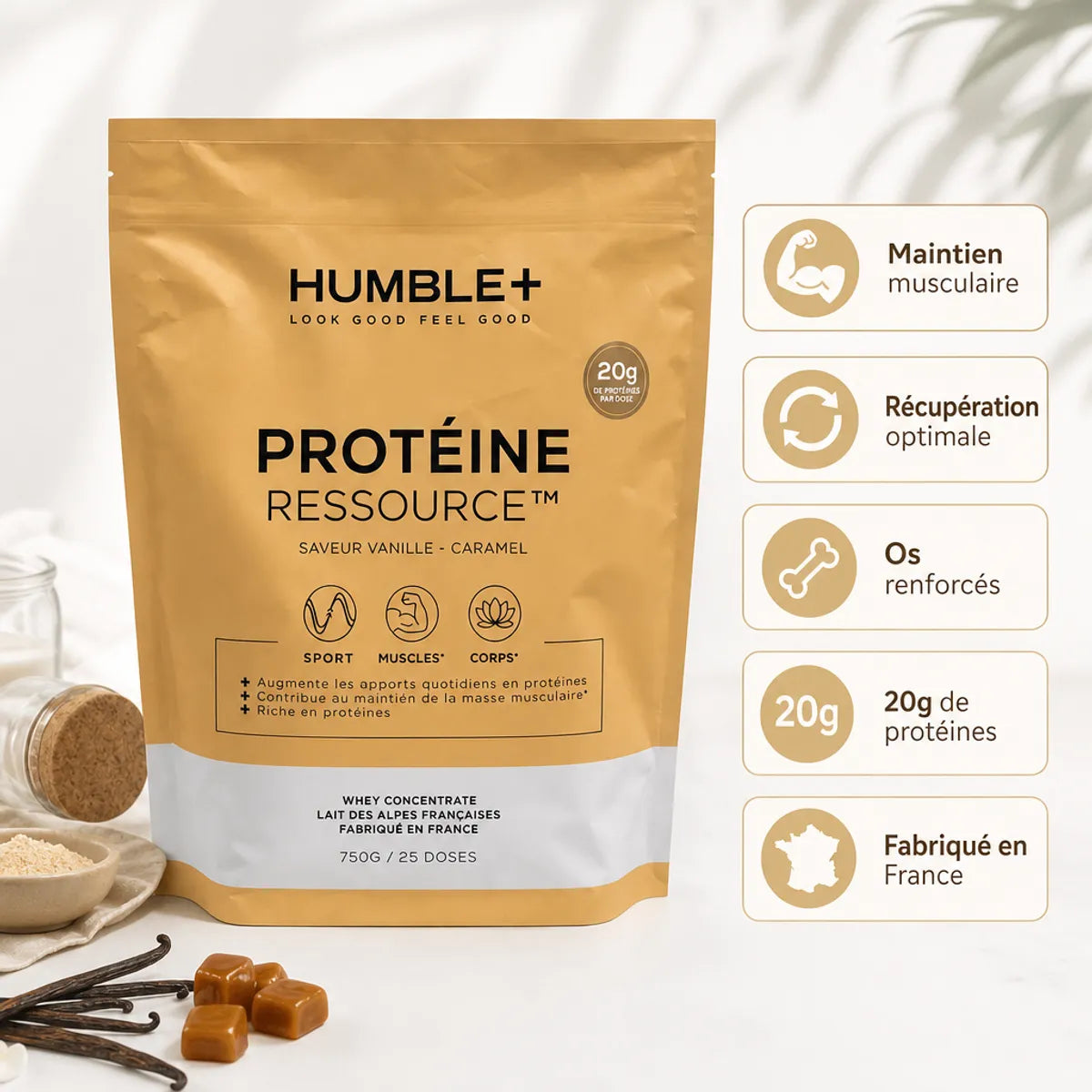 Protéine Ressource Vanille-Caramel HUMBLE+ avec infographie des bénéfices nutritionnels et fabrication française