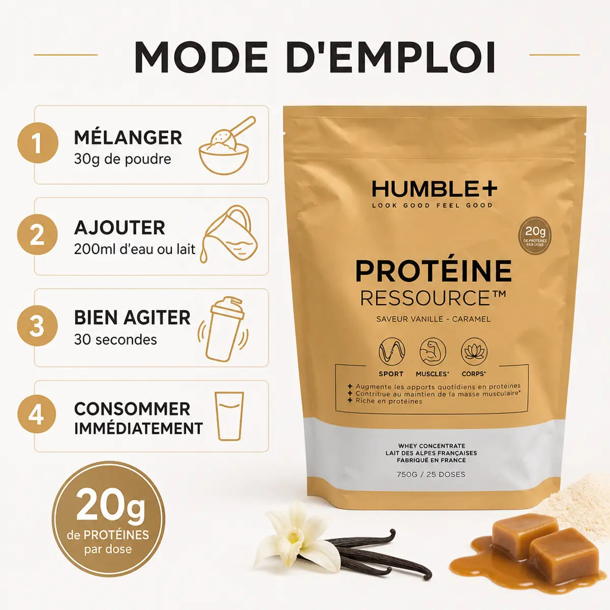 HUMBLE+ Protéine Ressource Vanille-Caramel - Guide d'utilisation avec dosage 20g protéines par dose