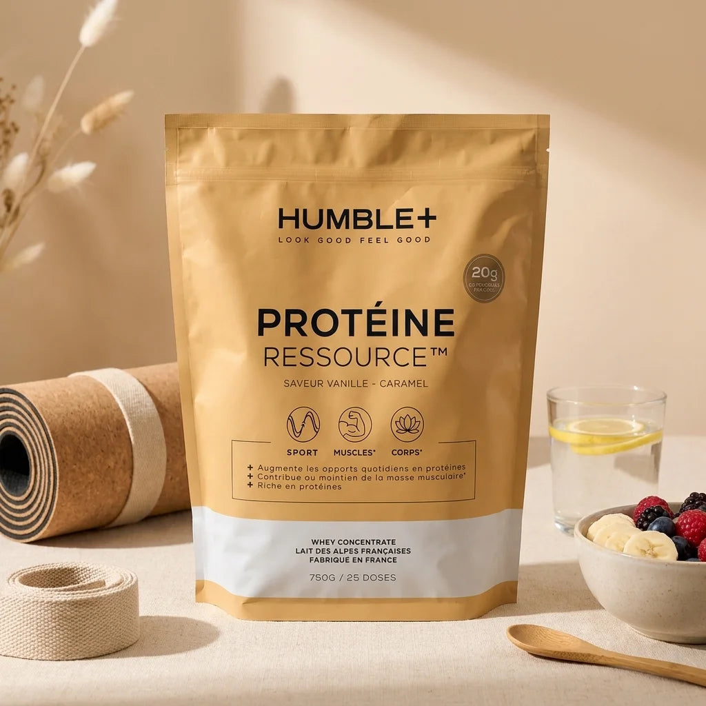 Humble+ Protéine Ressource Vanille-Caramel 750g avec fruits et accessoires wellness