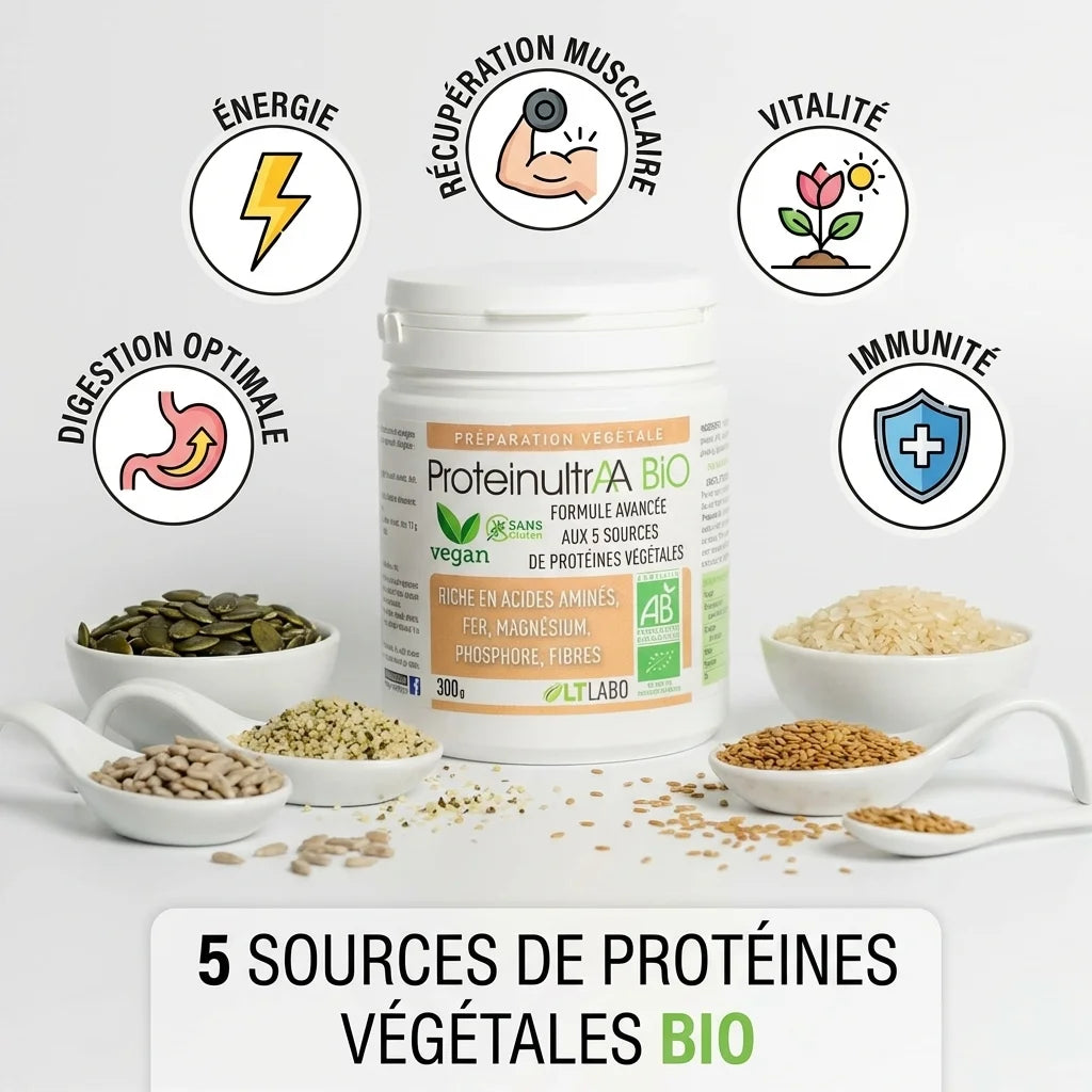 ProteinultrAA végétale bio 300g avec 5 sources protéines, bénéfices et ingrédients naturels