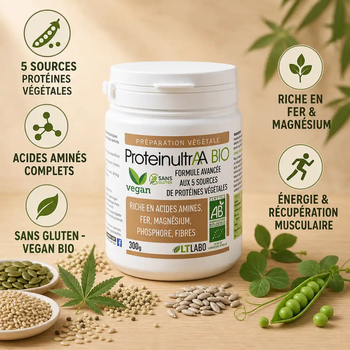 ProteinultrAA Bio 300g LT Labo - Protéine végétale sans gluten avec acides aminés complets